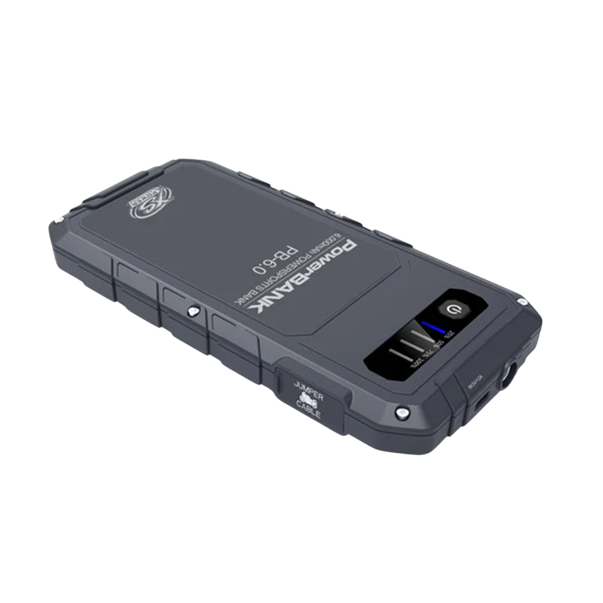 Rugged power bank with multiple ports on a white background