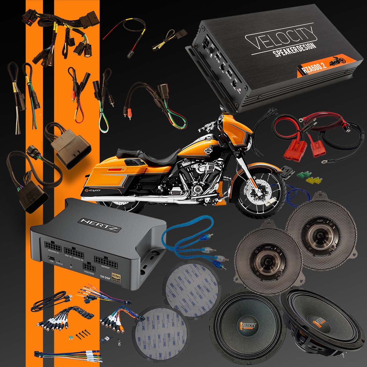 Motorcycle audio upgrade kit with speakers, amplifier, Hertz and Velocity and wiring on a black background. For 2014-2023 CVO Street Glide bikes