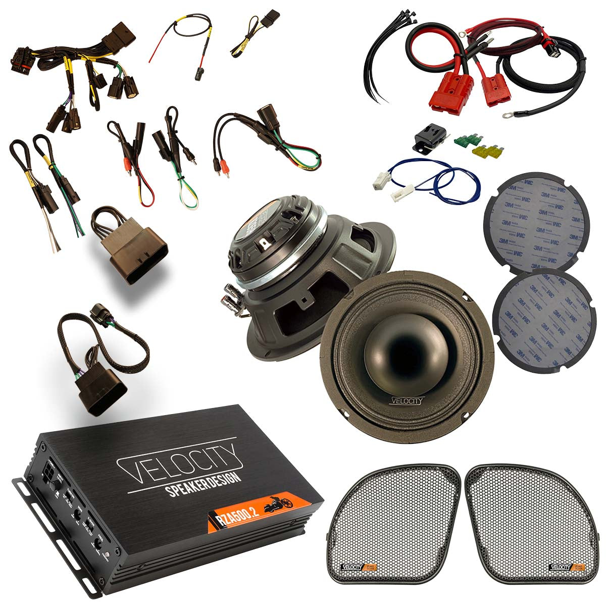 Kit of RZ65H Coax Horn speakers, RZA500.2 amp, harnesses and grills for CVO Road Glide fairing package.