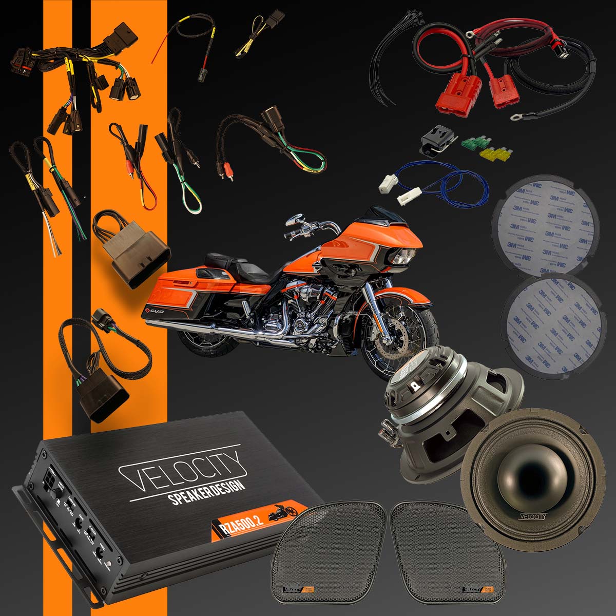 PRO Full Audio System for 2015-2023 Harley-Davidson CVO Road Glide models. Horn fairing speakers, high-power bag speakers, PRO amp, and plug-and-play wiring deliver loud, clean, highway-ready sound.