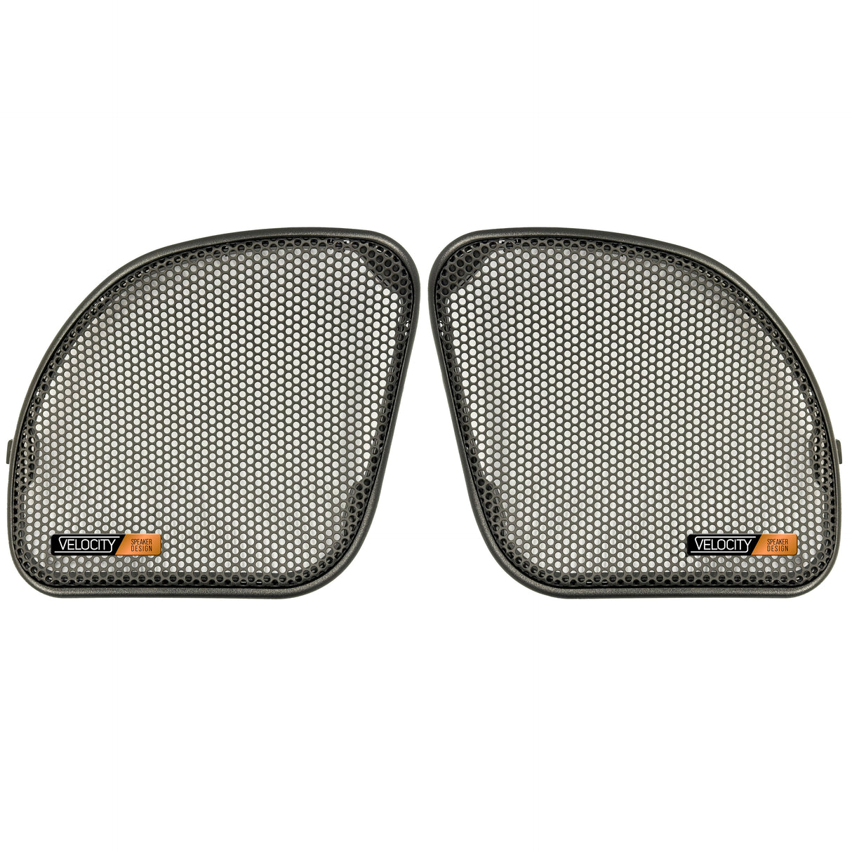 A pair of black fairing grills with a geometric pattern designed for 2015-2023 Road Glide models.