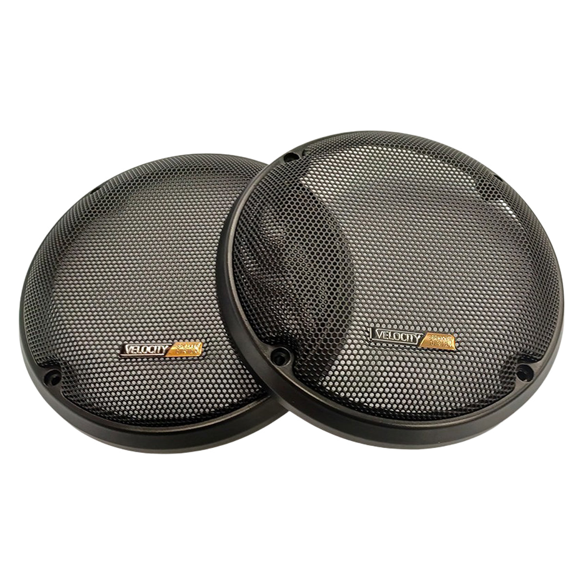 Two car speakers with mesh grilles on a white background