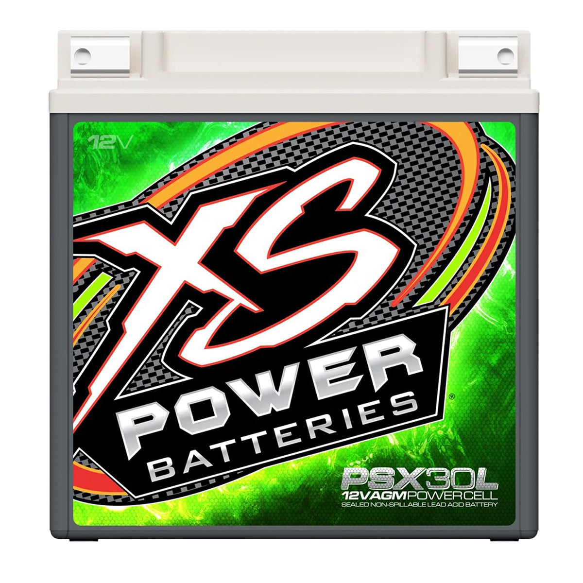 XS Power Batteries with colorful design on a white background, side view