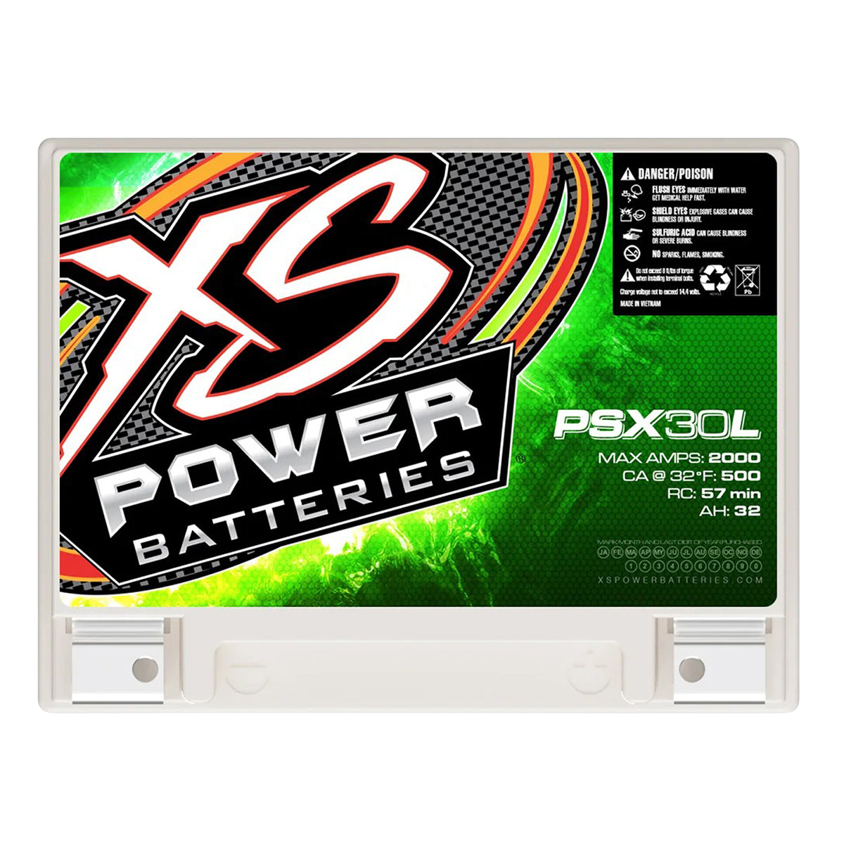 XS Power Batteries packaging with green and black design, top