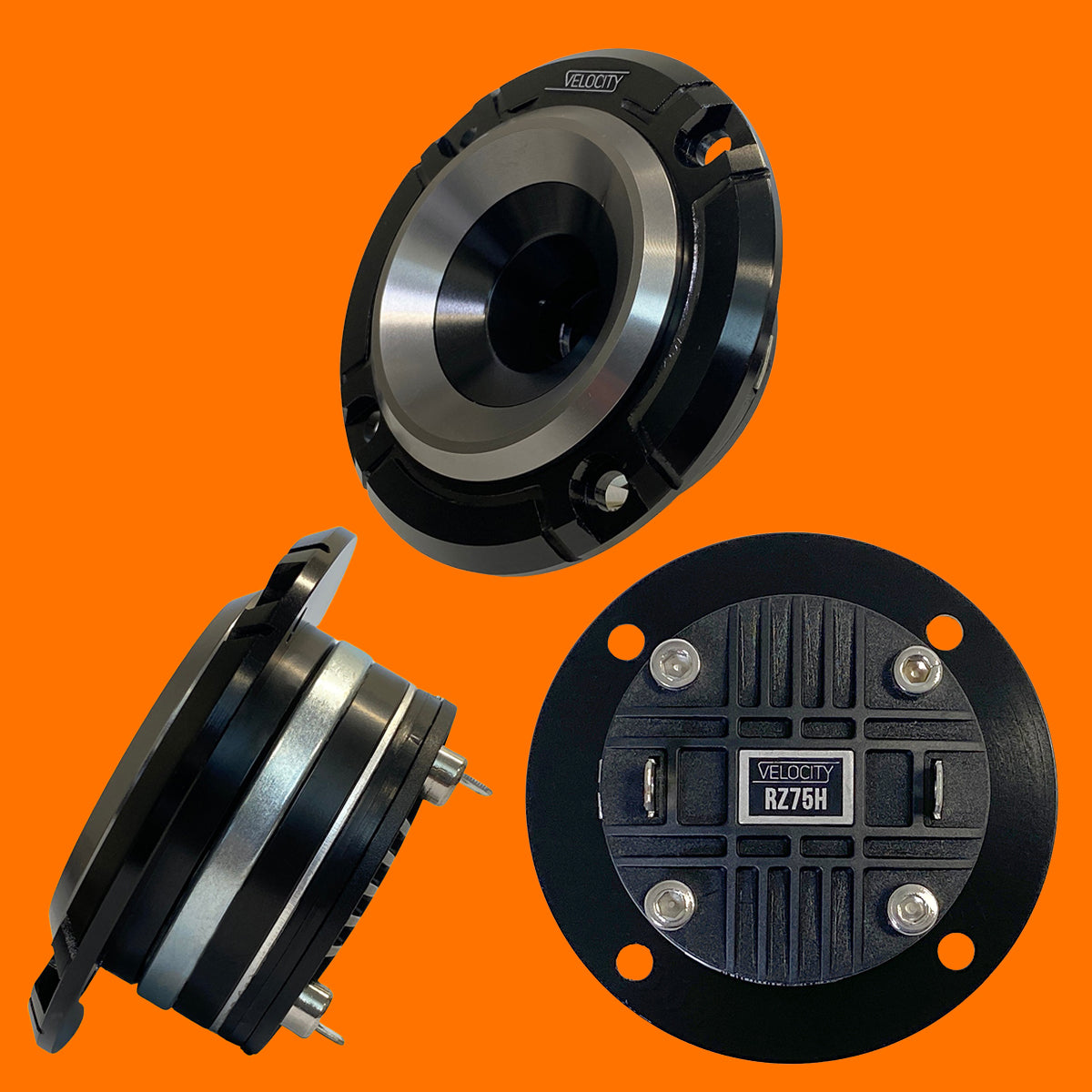 Velocity R75H Horn tweeter front, side and rear view