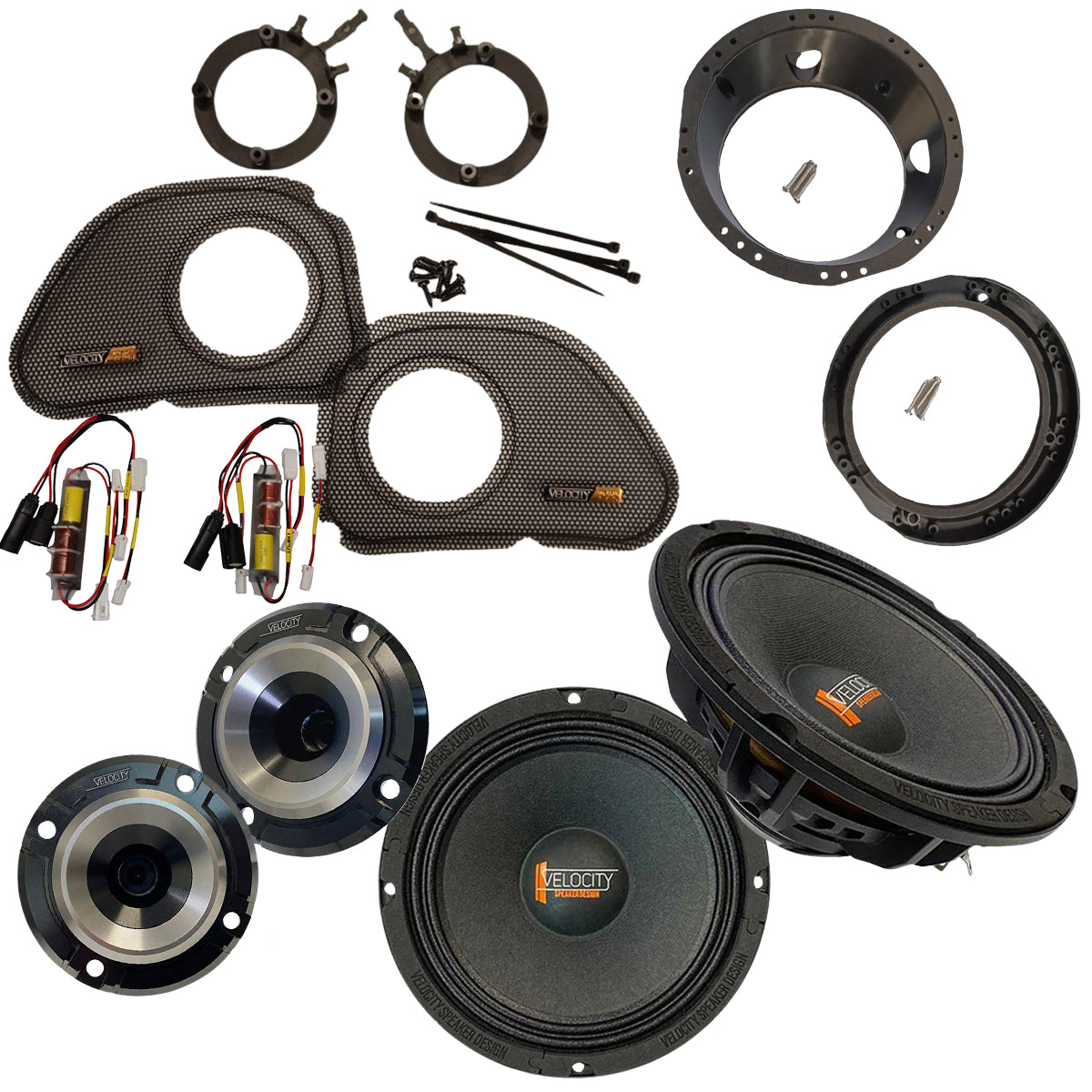parts list of speakers, horns grills made by Velocity for 98-13 RG Harley fairing