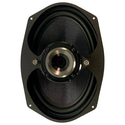 Front view of 6x9 woofer and tweeter made by Velocity for any HD touring bagger with hard bags.