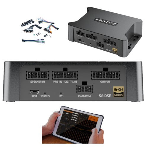 "Plug receptacles on Hertz S8 DSP for Harley Touring Baggers – easy installation for enhanced sound system."