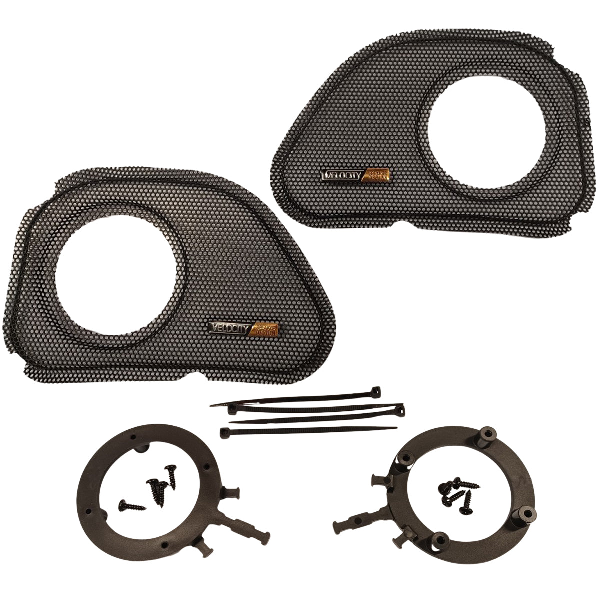 Set of car audio components with mesh covers and mounting hardware on a white background and tweeter provisions for 98-13 Harley RG