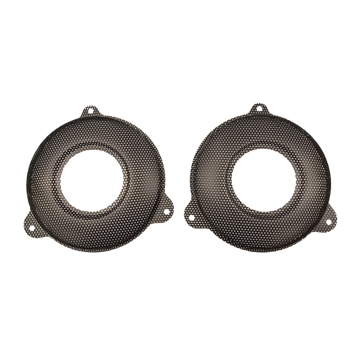 Two black mesh speaker grilles on a white background with horn tweeter provisions