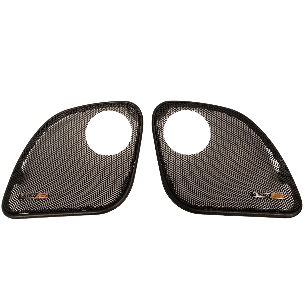 Pair of black mesh grills on a white background with tweeter provision for 2015-2023 Road Glide