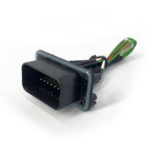 A black rear bypass harness for factory amp 14+ with visible wiring and connectors.