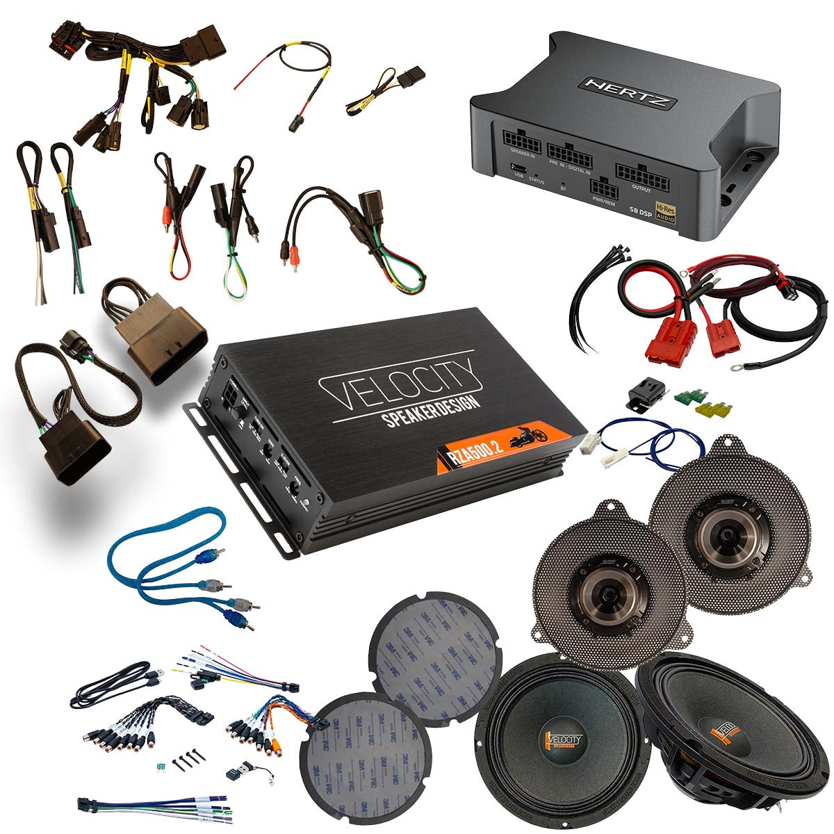 Collection of Velocity and Hertz components including amplifiers, speakers, and wiring on a white background with Velocity OverDrive fairing speakers for 2014-2023 CVO Street Glide bikes