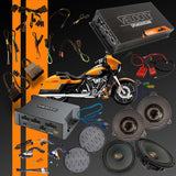Motorcycle audio upgrade kit with speakers, amplifier, Hertz and Velocity and wiring on a black background. For 2014-2023 CVO Street Glide bikes