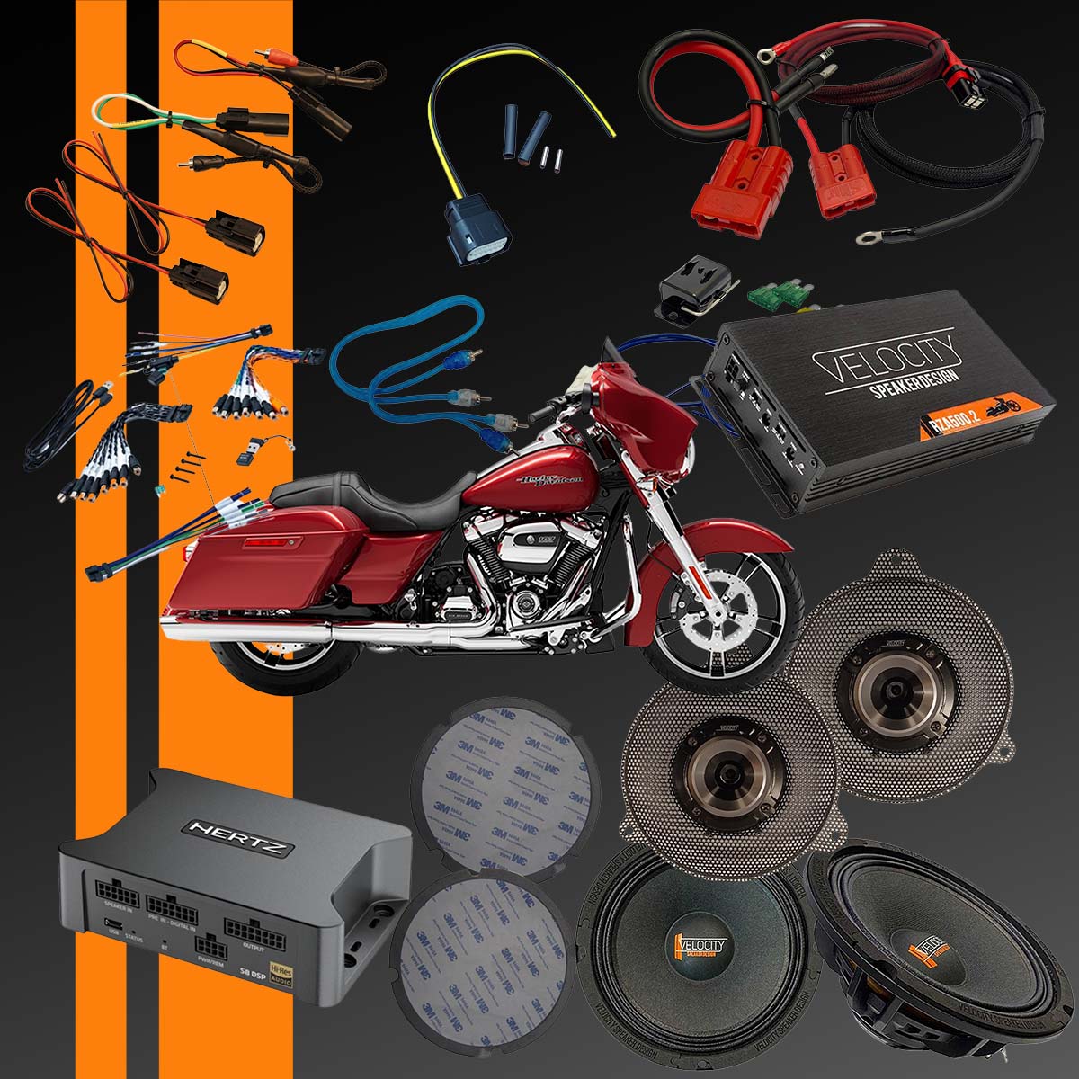 Kit of Velocity Overdrive speakers, amplifier and Hertz DSP for 2014-2023 Street Glide Harley Hero