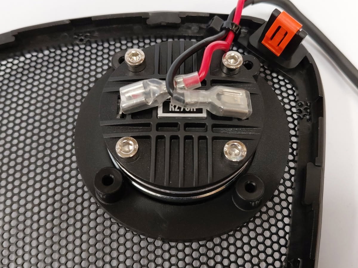 Rear view showing the speaker wire leads bent to approximately 90 degrees