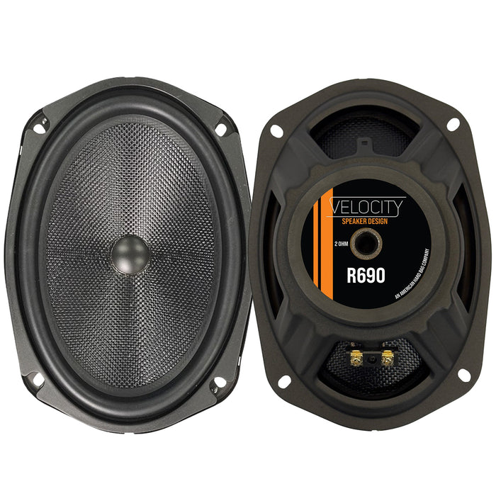 Pair of Velocity R690 speakers on a white background