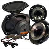 A set of motorcycle speakers and components, including two speakers with black and silver finishes, a tweeter, and wiring.