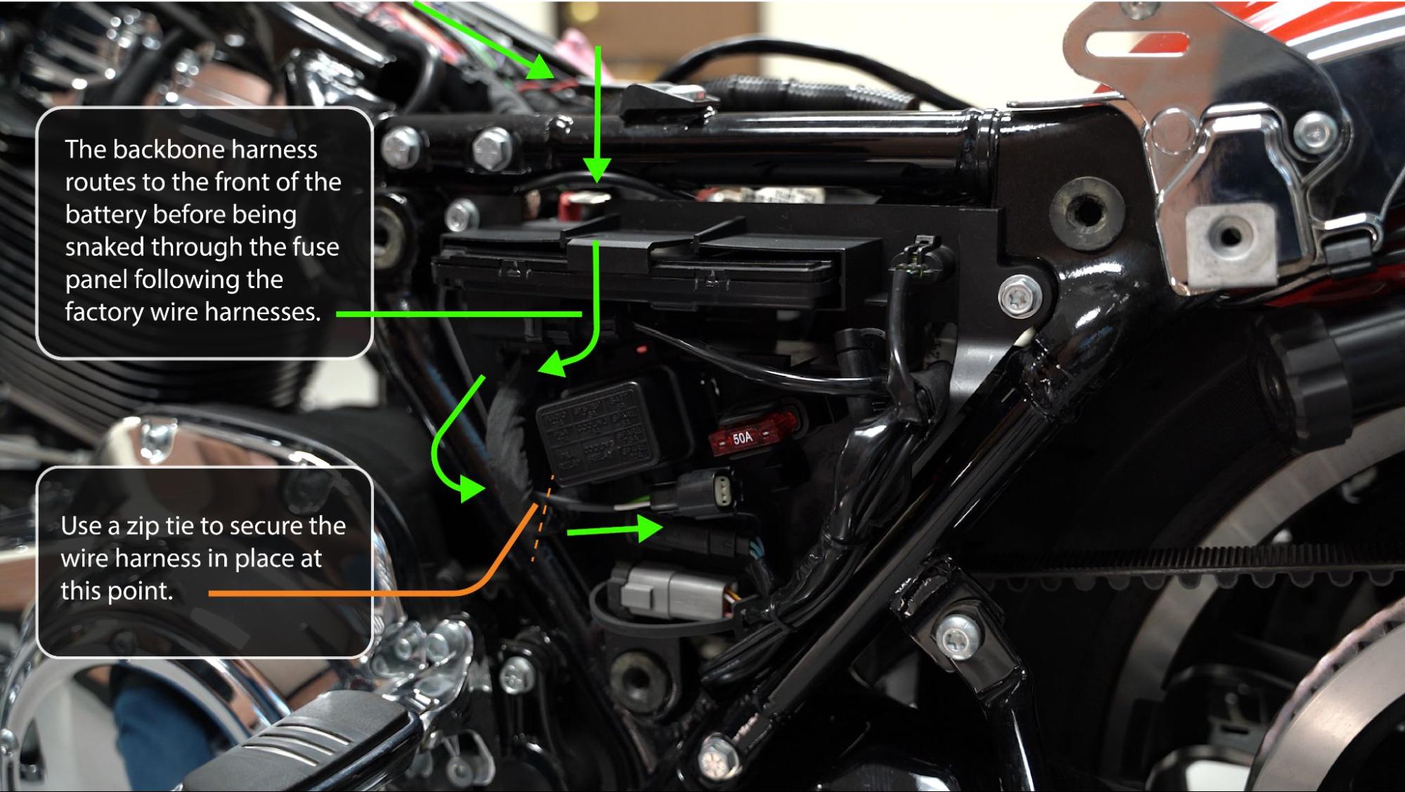 Left side saddlebag harness routing