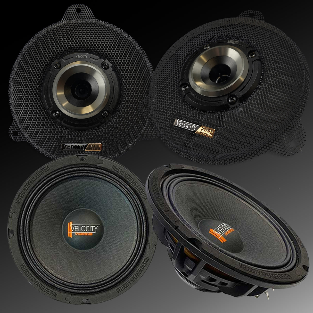 Velocity Overdrive fairing speaker kit for Harley Dark background