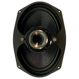 Front view of 6x9 woofer and tweeter made by Velocity for any HD touring bagger with hard bags.