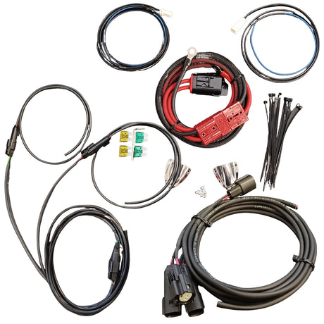 Collection of automotive wiring harnesses on a white background for Harley amp in bag