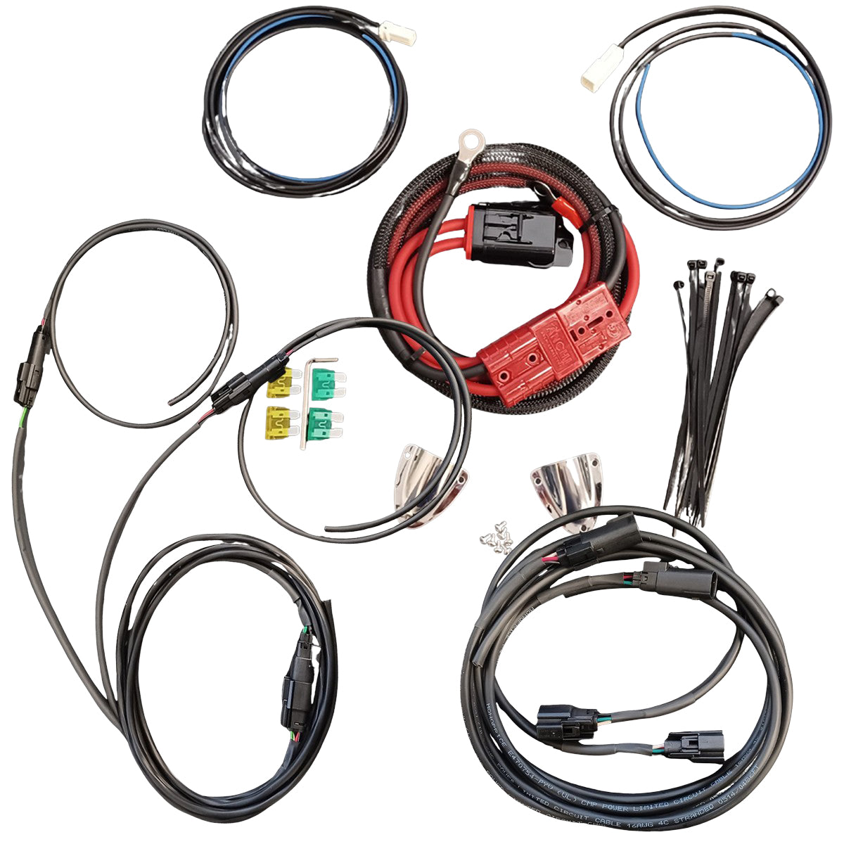 Wiring harness kit with various connectors and cables on a white background for amp in bag on Harley