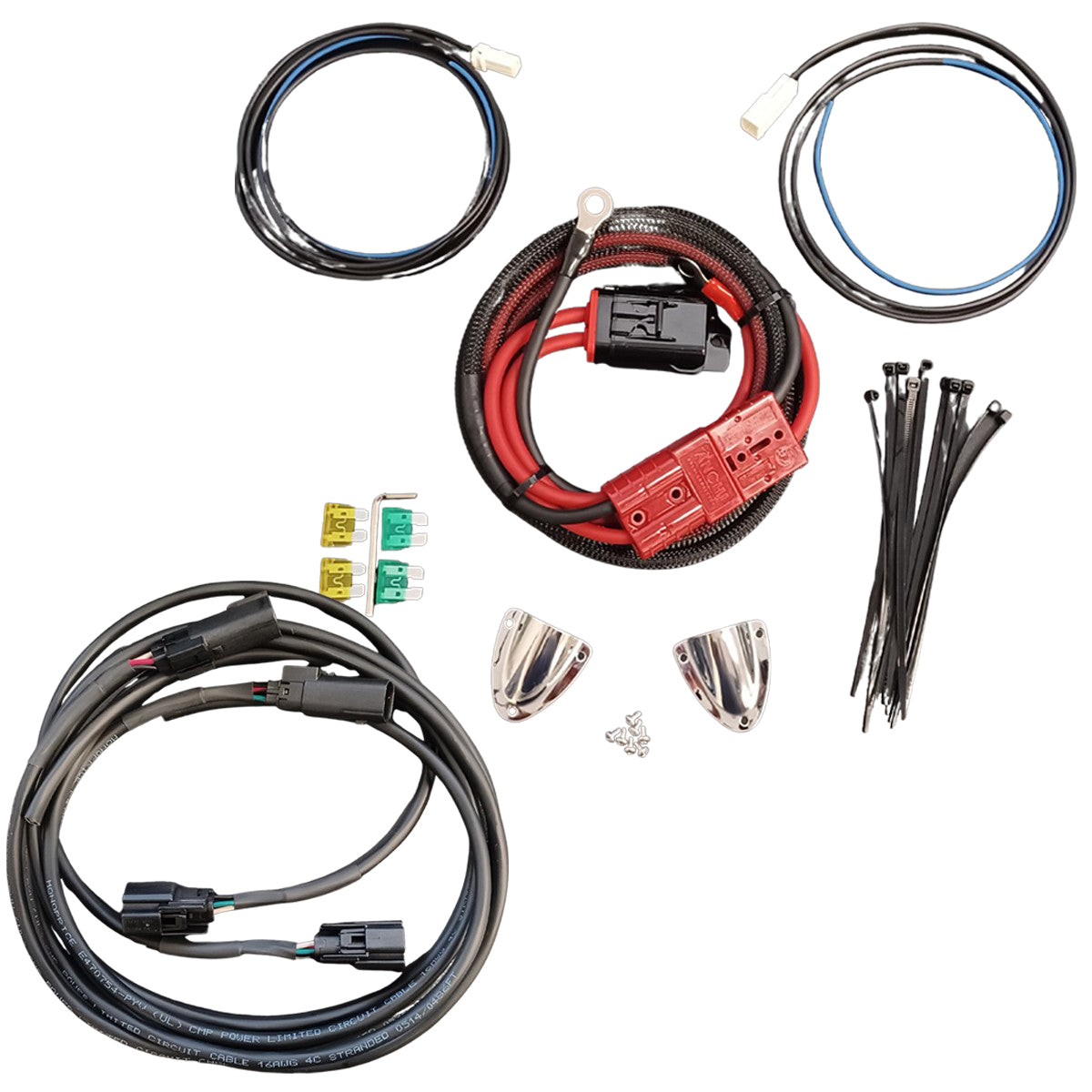 Wiring harness kit with various connectors and cables on a white background Harley bag amp harness
