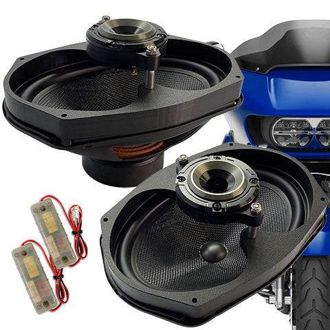 harley 4 speaker full system with dsp amplifier American Hard Bag, Harley motorcycle audio system Kit with speakers, amplifiers and Radio SoundStream Display Compatible with Select 2014+ Road Glide, Street Glide, Ultra & CVO Motorcycles, Harley-Davidson