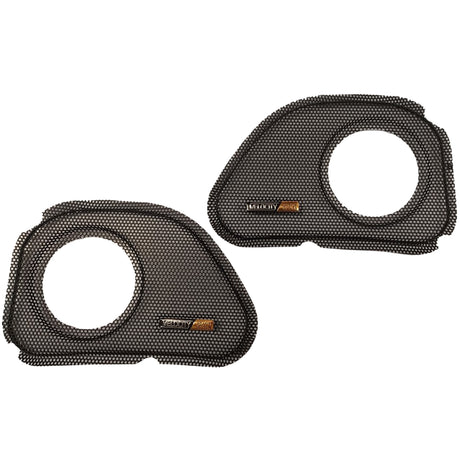 Two black mesh filters with brand logo on a white background with tweeter provisions for 98-13 road glides