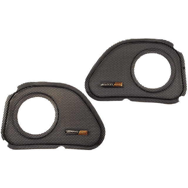 Two black mesh filters with brand logo on a white background with tweeter provisions for 98-13 road glides