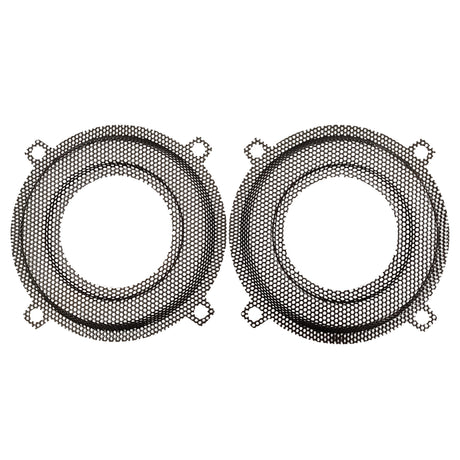 Two circular metal grills with honeycomb pattern on a white background and tweeter provision for 98-13 SG Harley