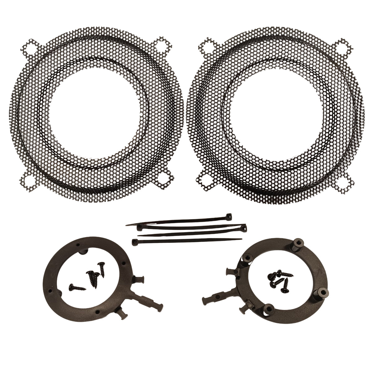 Set of speaker grilles and mounting hardware on a white background and tweeter provision for 98-13 street glide