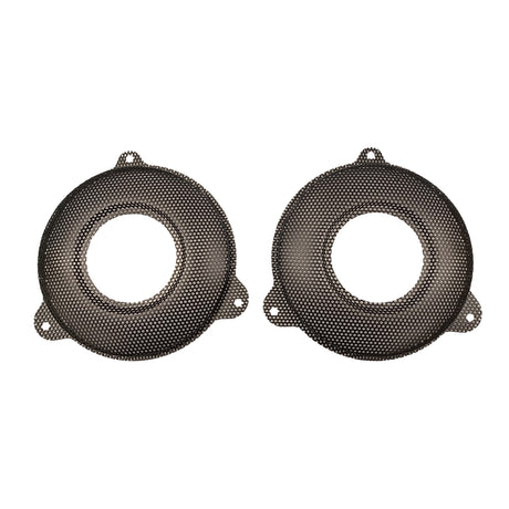 Two black mesh speaker grilles on a white background with horn tweeter provisions