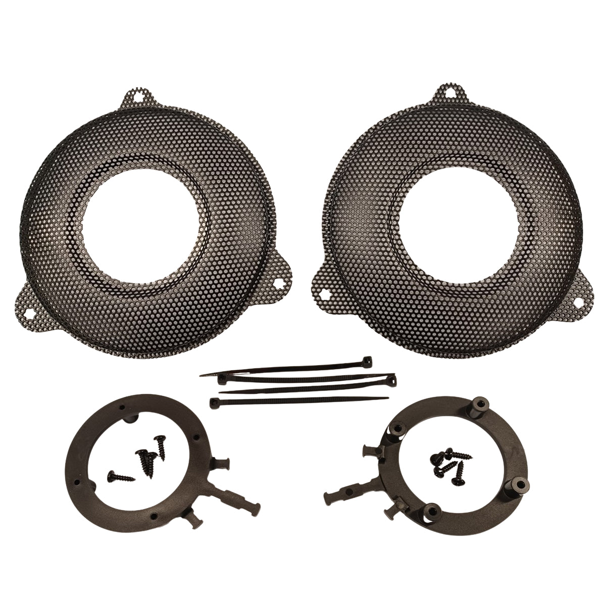 Set of car audio speaker grilles and mounting hardware on a white background with tweeter provisions for 14-23 street glides