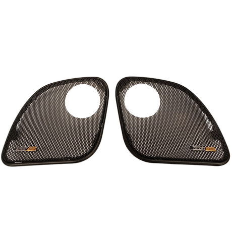 Pair of black mesh grills on a white background with tweeter provision for 2015-2023 Road Glide