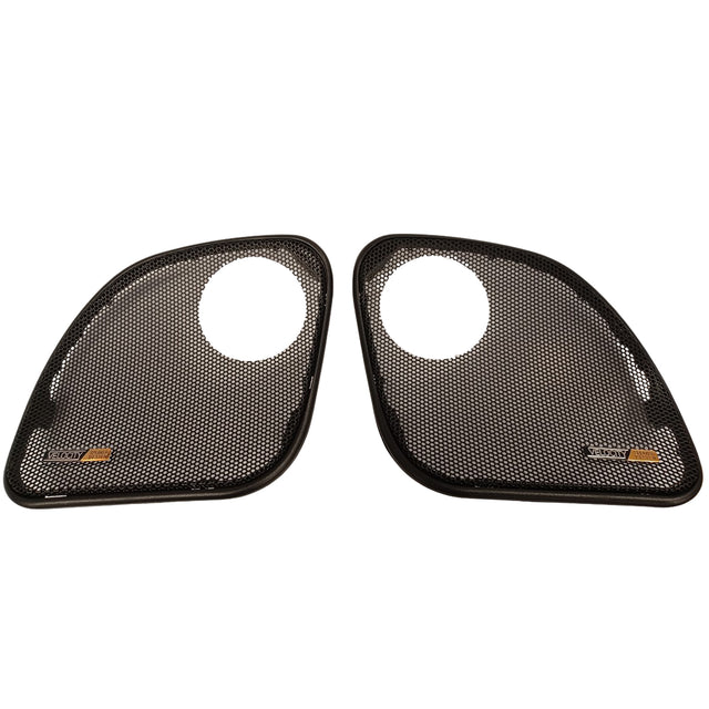 Pair of black mesh grills on a white background with tweeter provision for 2015-2023 Road Glide