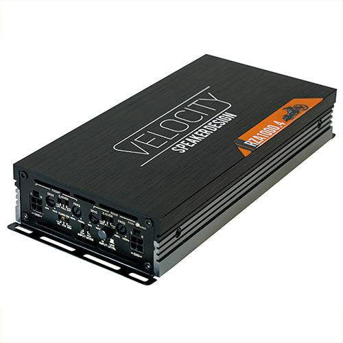 Velocity brand amplifier with model number RZA1000.4 Harley 4 Channel Amplifier 1,100 Watts.