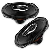 A pair of Hertz SX690 Neo 6x9 inch car speakers, predominantly black in color, showing the front and side views.