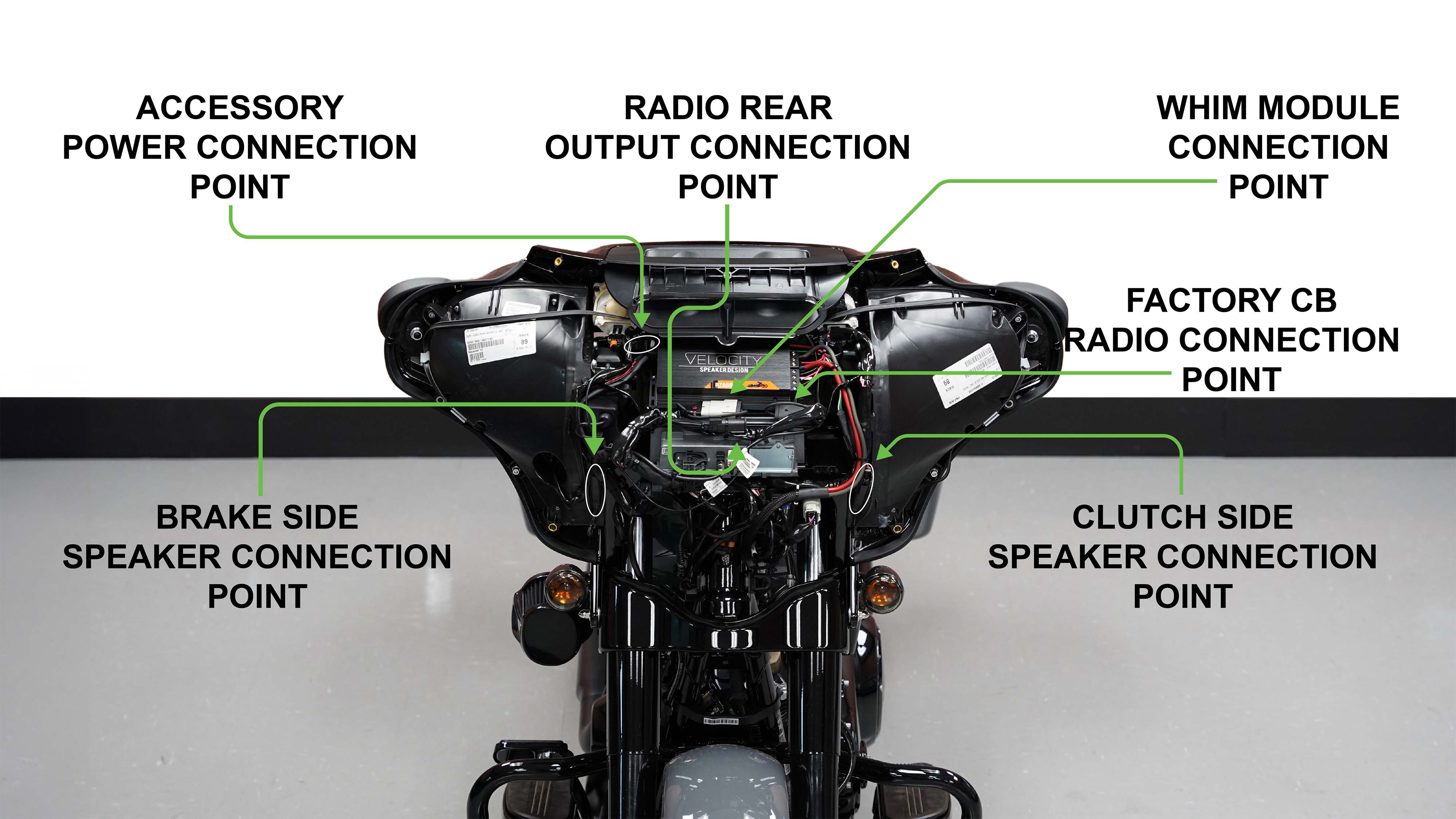 Motorcycle fairing removed with arrows highlighting factory speaker connectors and radio connection points