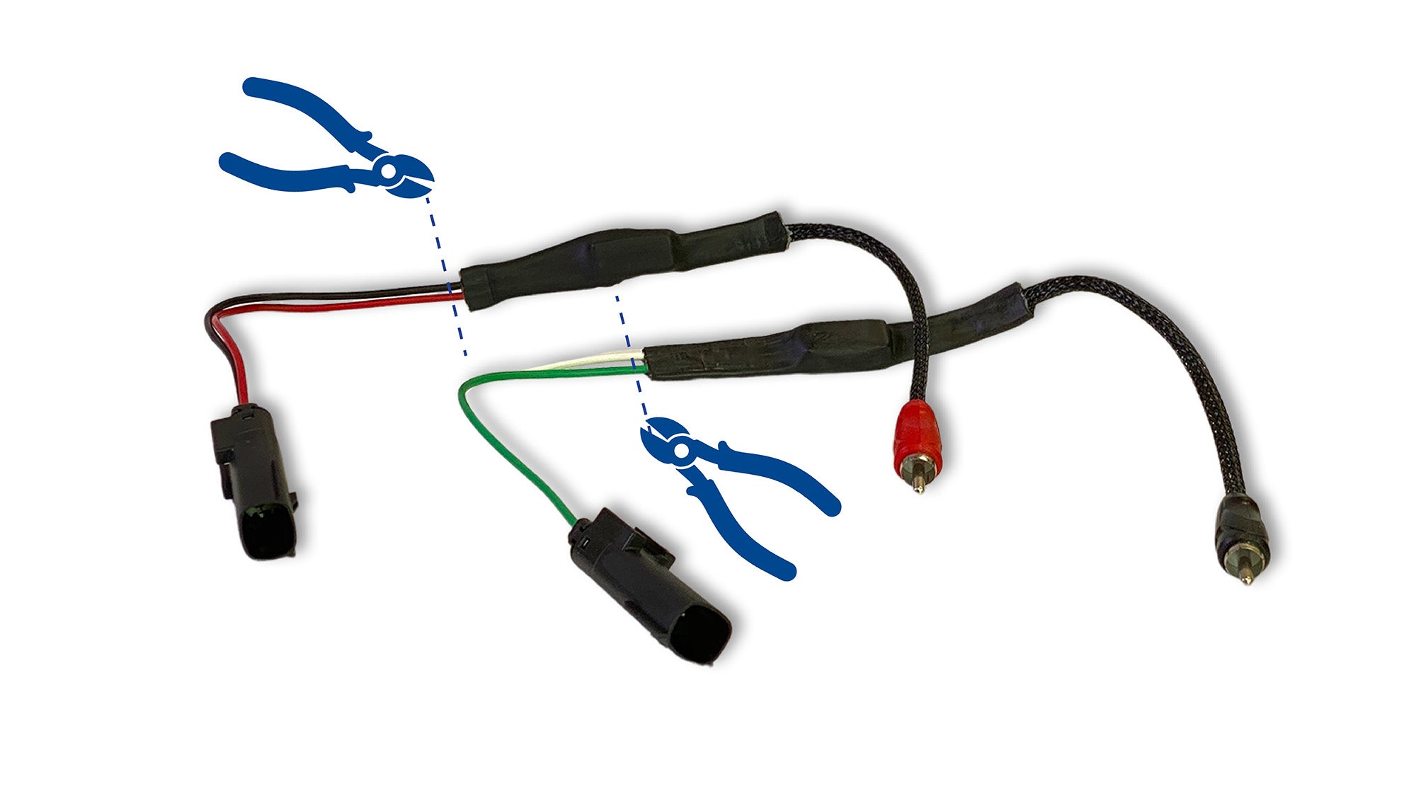 WH-PNP-F harness with cut lines marked and wire cutter icons showing modification points