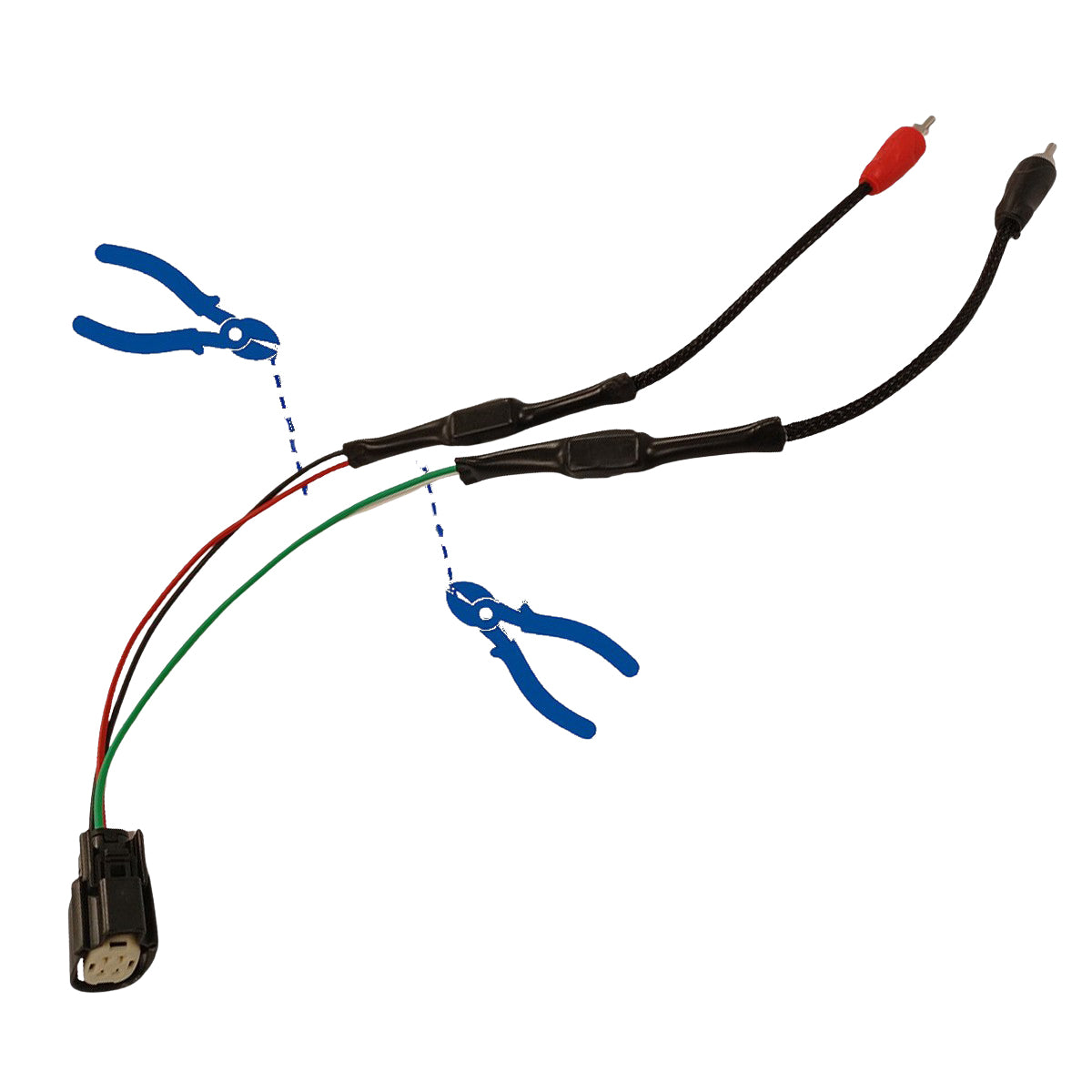 WH-14-PNP-R harness with cut lines marked and wire cutter icons showing modification points
