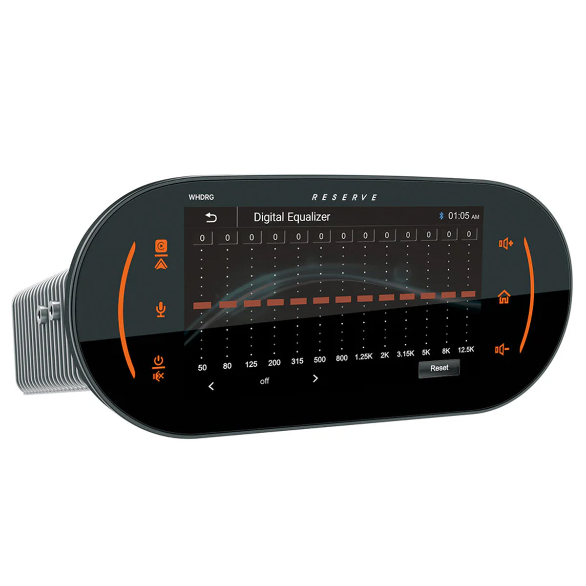 Digital equalizer with a black and orange design on a white background, Sound Stream radio for 98-13 RG Harley